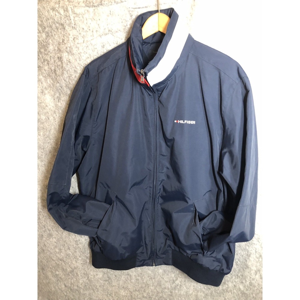 Tommy Hilfiger Jacket Men Medium Blue Full Zip Windbreaker Coat Hideaway Hood